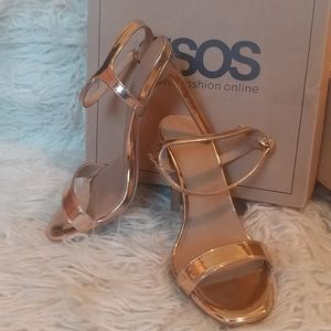 Rose gold metallic ankle strap heeled sandal